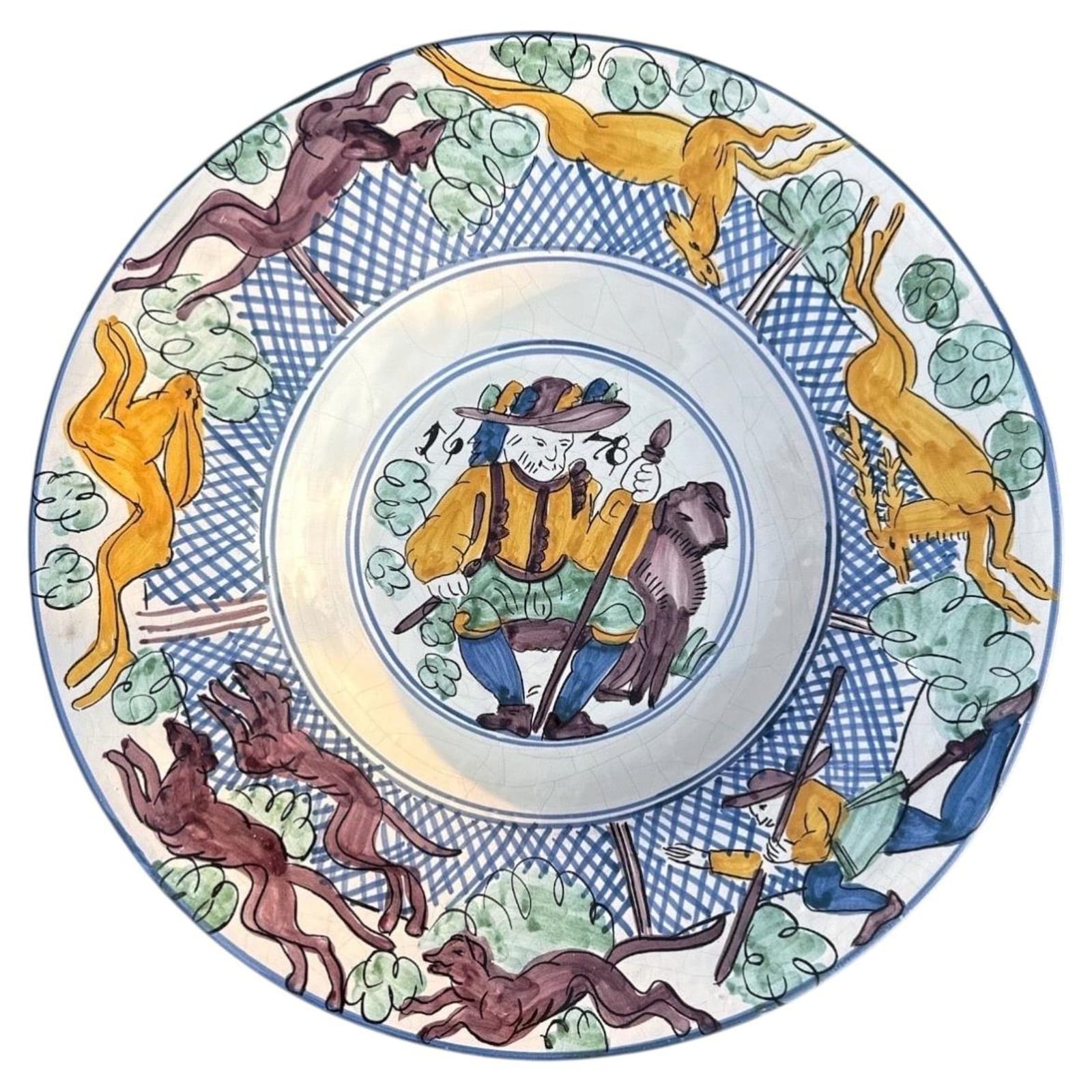 Maiolica Hunting Plate, Deruta School, after Antonio Tempesta, circa 1930–1950.