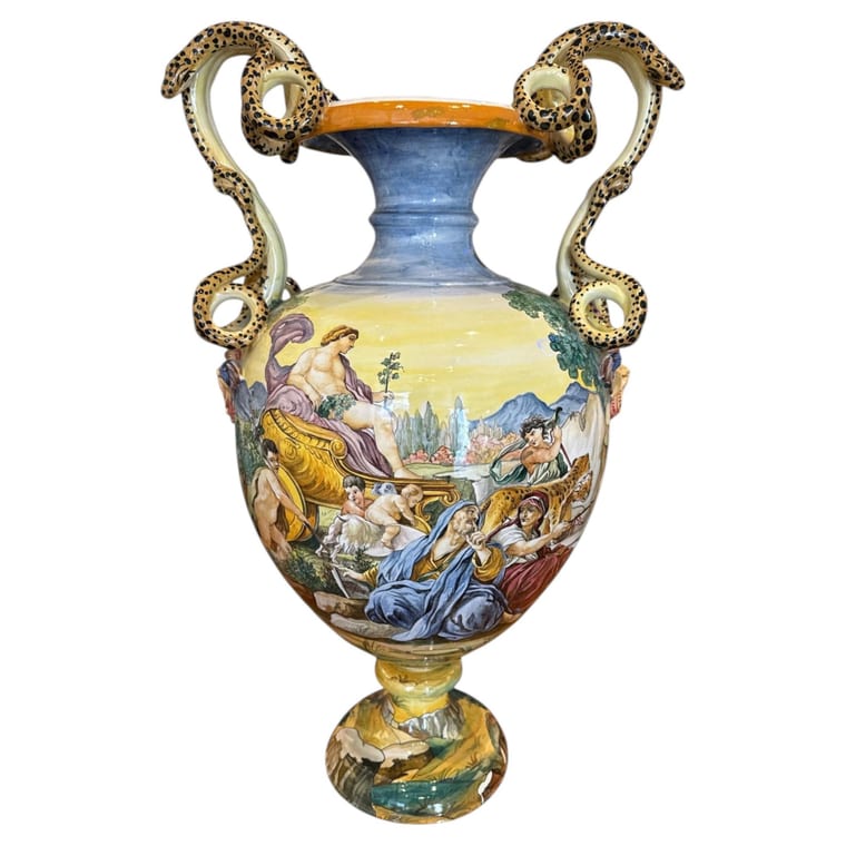 arge Italian Hand-Painted Ceramic Vase with Mythological Scene, Circa 1900