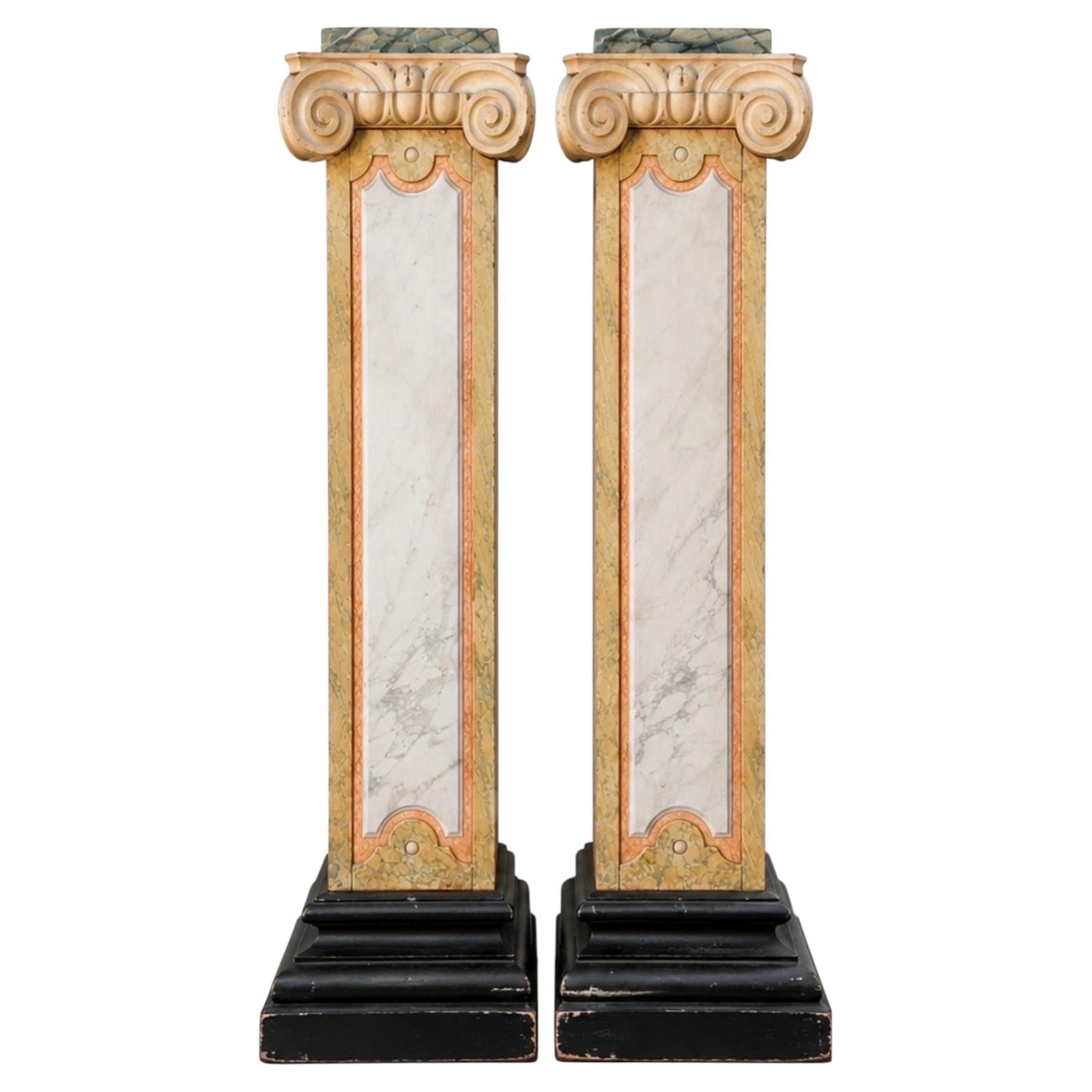 Pair of 19th-Century Faux-Marble Painted Pine Architectural Pilasters  Capitals