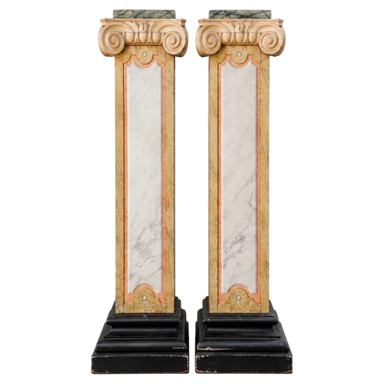 Pair of 19th-Century Faux-Marble Painted Pine Architectural Pilasters  Capitals