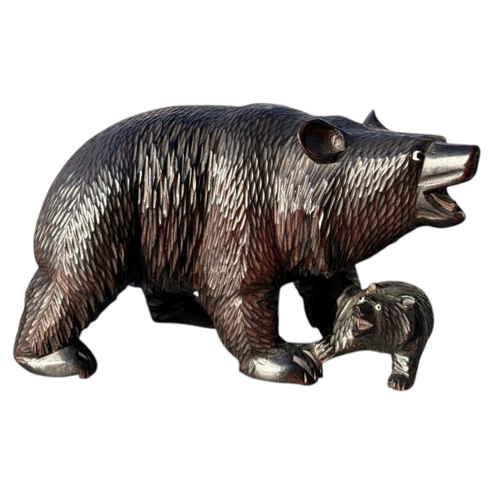Black Forest Carved Wooden Bear with Cub