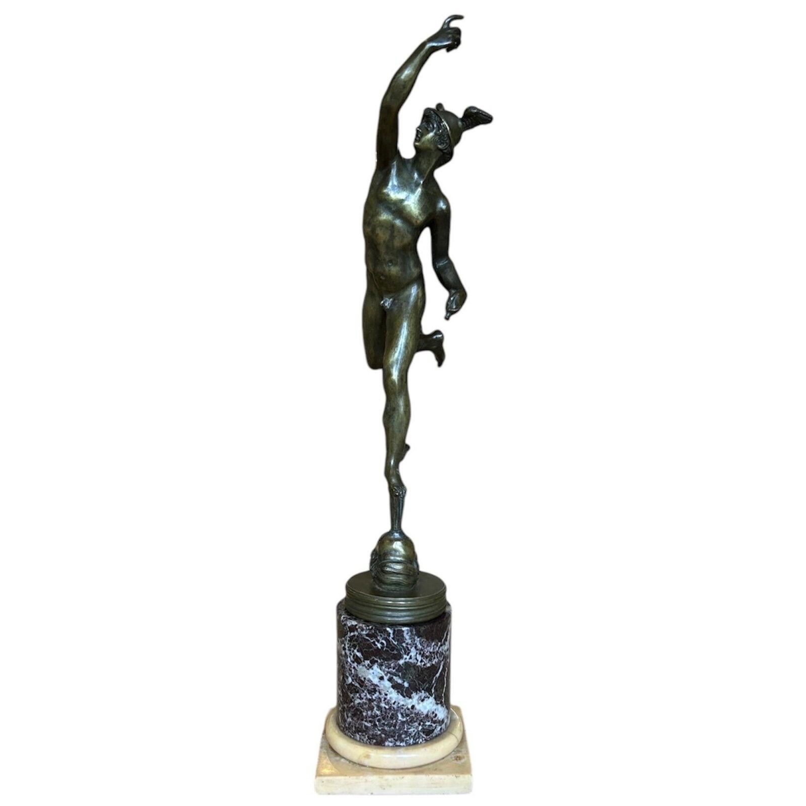 A Grand Tour bronze figure of Mercury ( Hermes ) on a marble collum