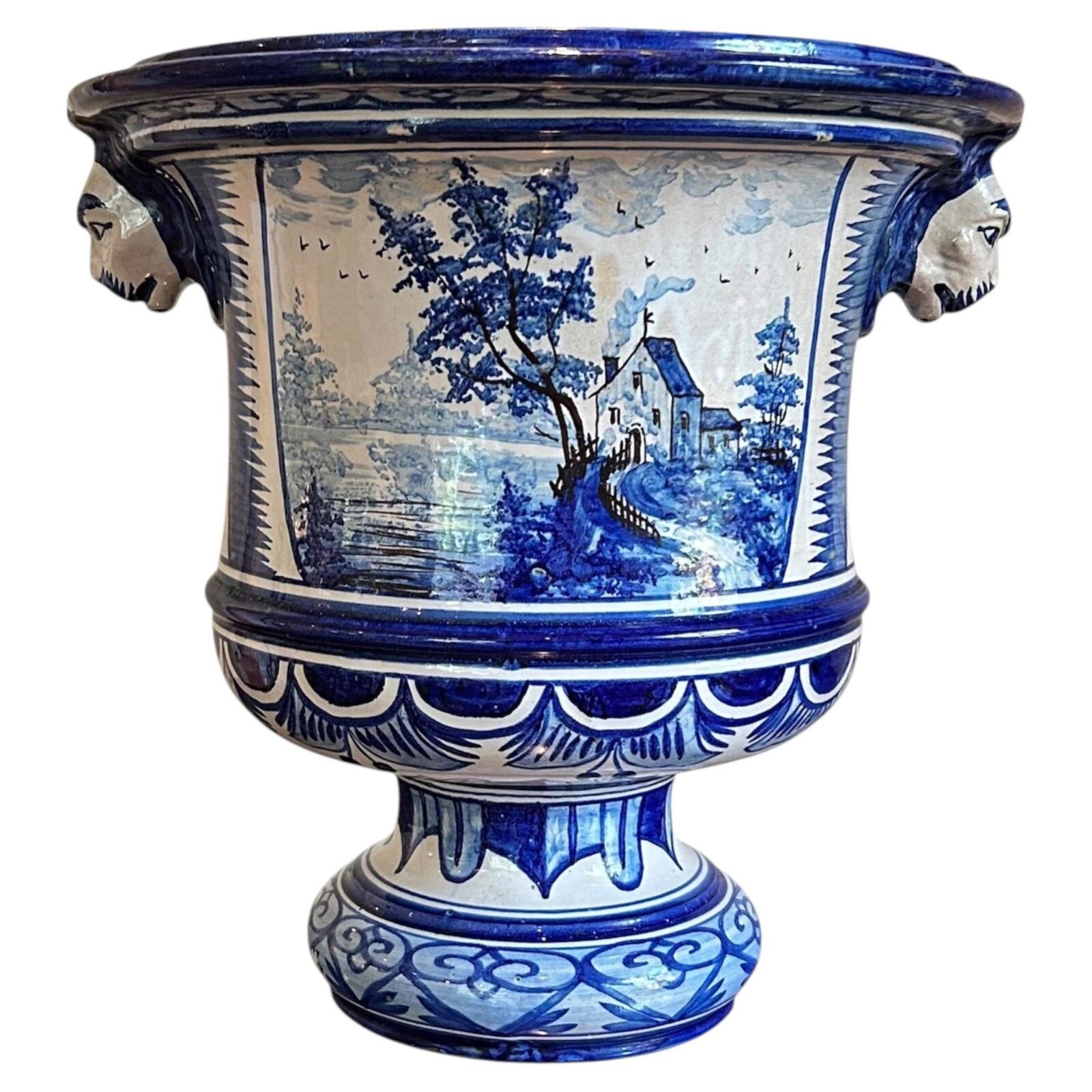 Large Antique French Nevers Faience Jardinière with Lion Masks, Trousseau & Cie.