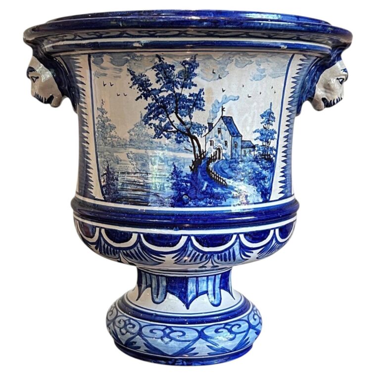 Large Antique French Nevers Faience Jardinière with Lion Masks, Trousseau & Cie.