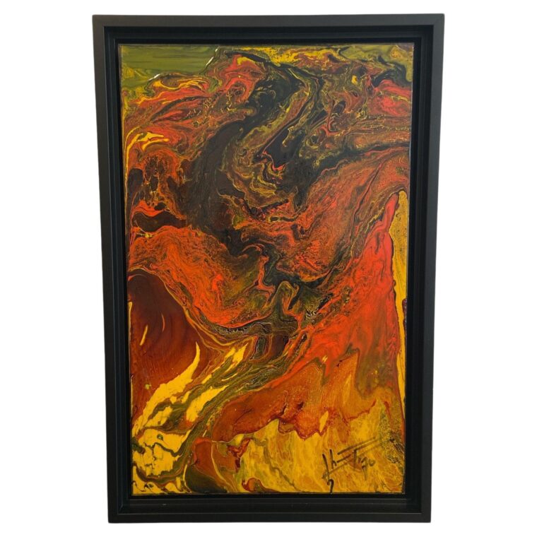 Colorful oil painting on copper in a black frame