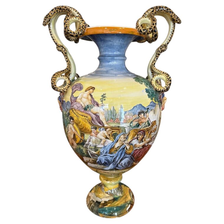 arge Italian Hand-Painted Ceramic Vase with Mythological Scene, Circa 1900