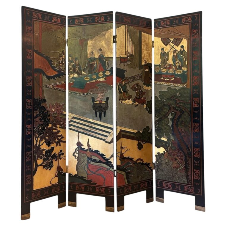 Monumental Chinoiserie Lacquered 4-Panel Folding Screen, Circa 1920-1950