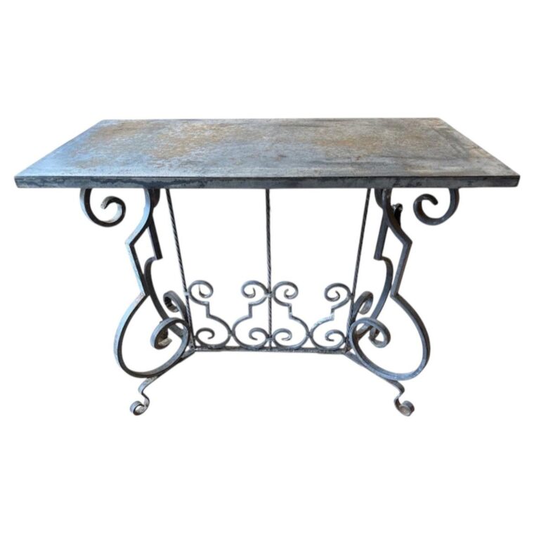 Hand-Forged Wrought Iron Console Table with Original Zinc Top, Southern France