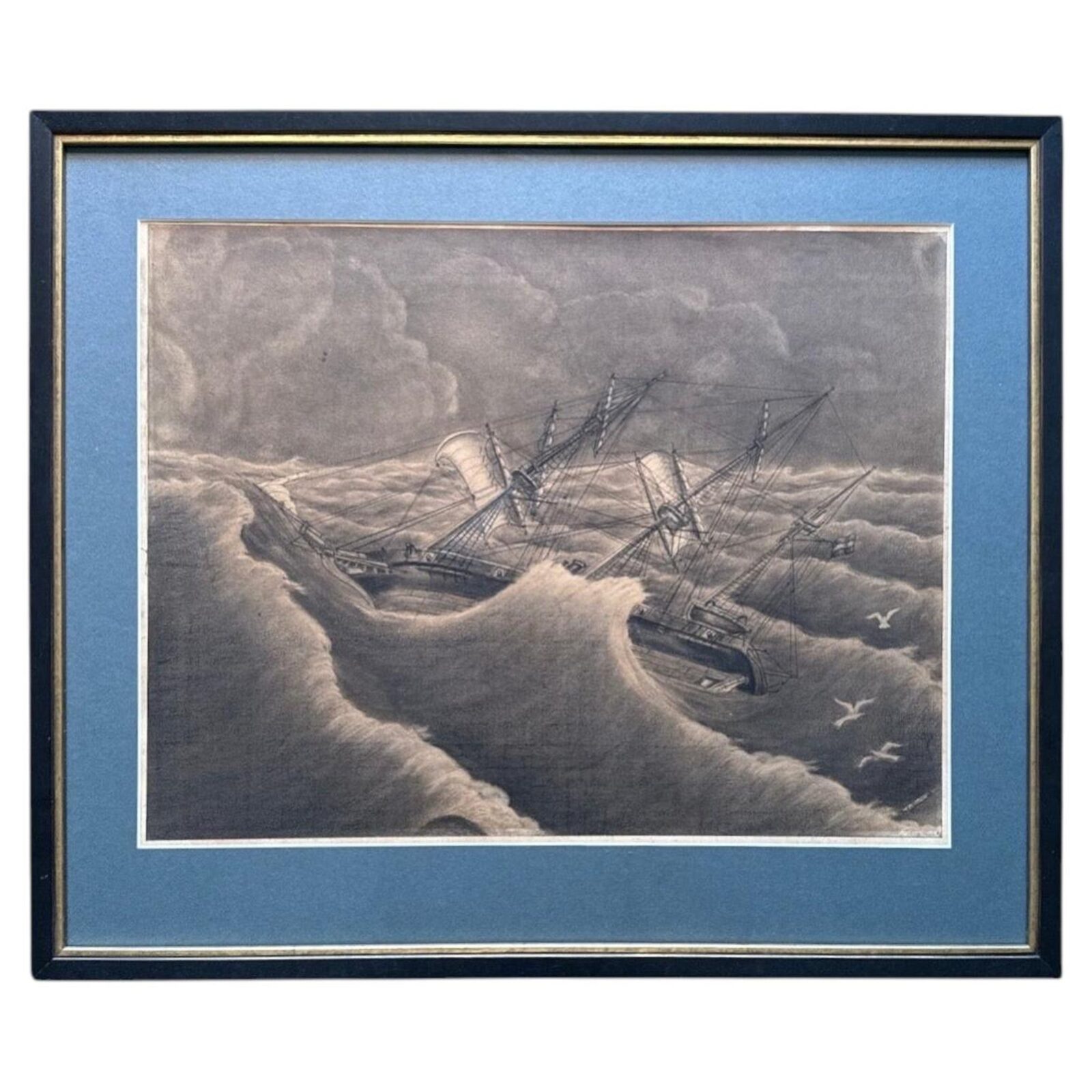 Rare  Dutch maritime drawing in pencil and charcoal, circa 1860